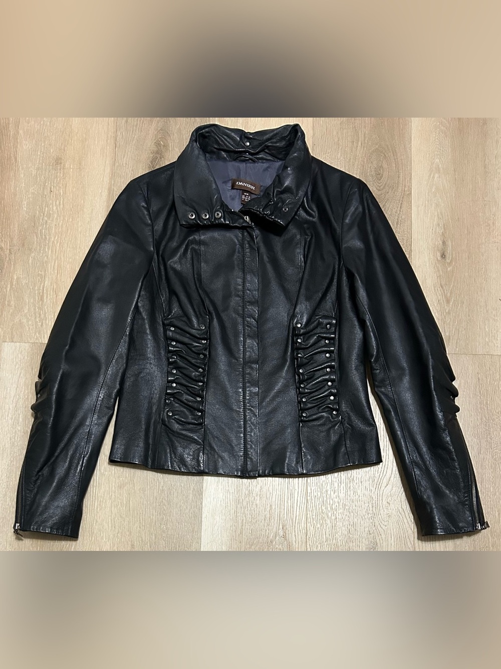 Danier Black Faux Leather Moto Jacket with Ruched Side Panels